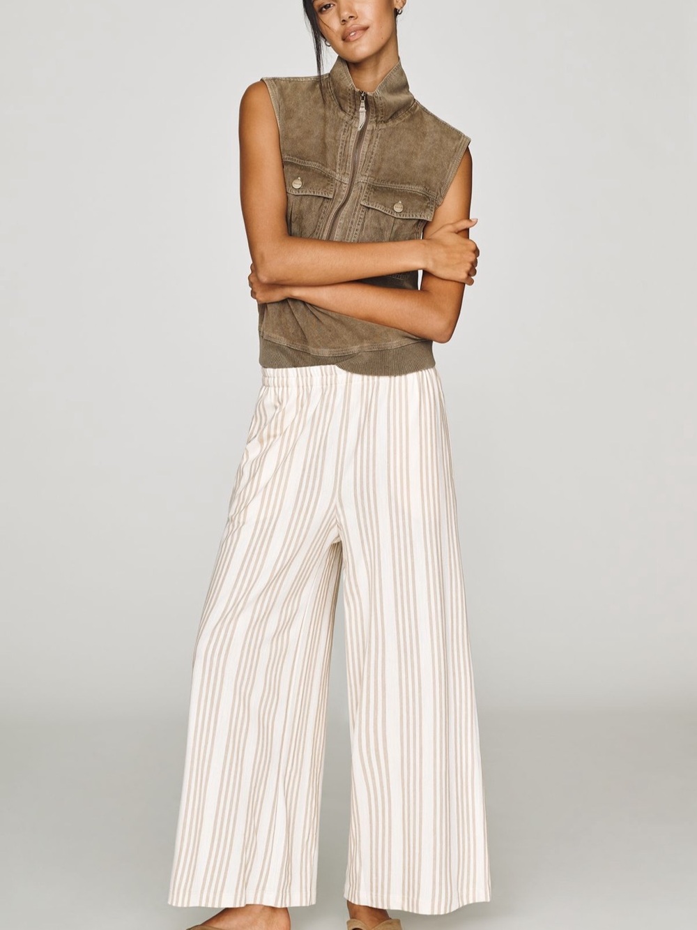 Z Supply Cream Wide-Leg Striped Pants with Tan Stripes